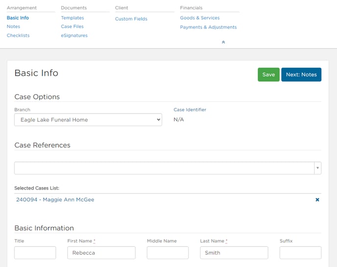 Cash sale showing Basic info page