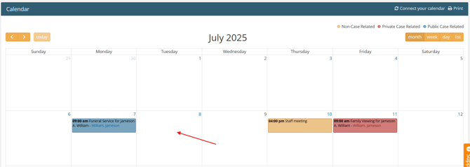 Month calendar view with events added and an arrow pointing to an empty day