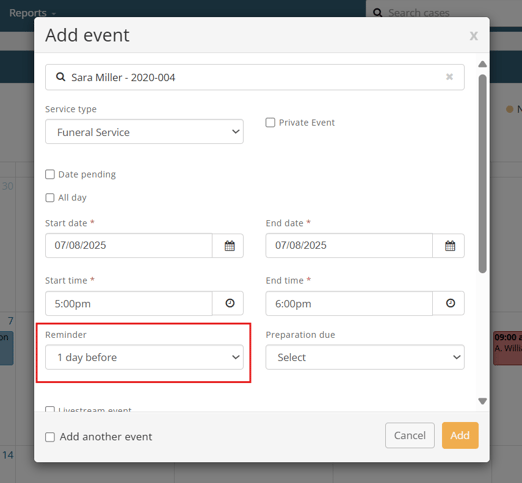 Add event modal highlighting Reminder field