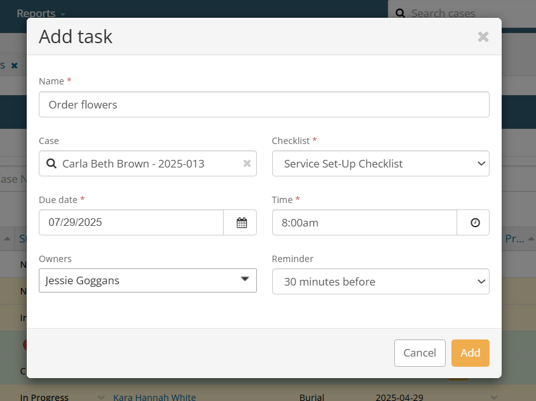 Add task modal showing Reminder set to 30 minutes before