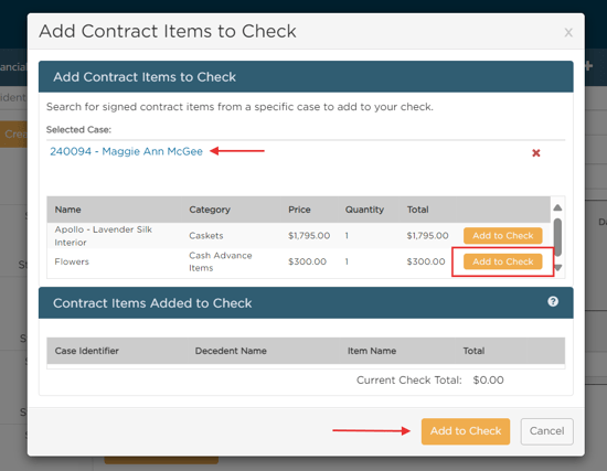 Items added in Add Contract Items modal