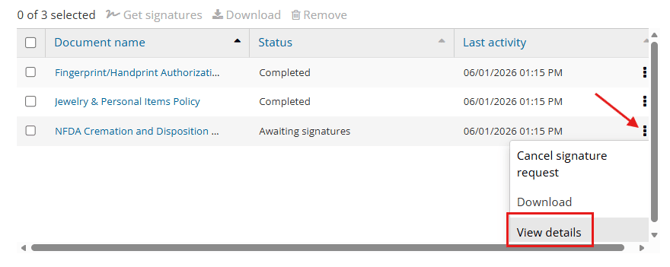 List of documents and the ellipsis menu open highlighting View details option