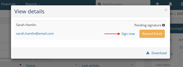 View details modal showing Sign now link