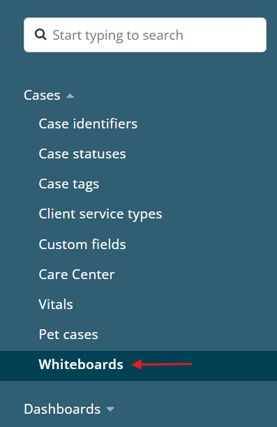 Admin sidebar showing Cases > Whiteboards