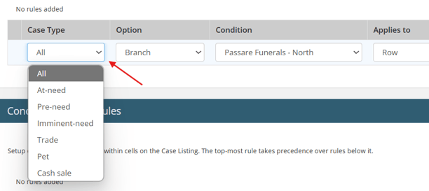 Case type dropdown in rule settings