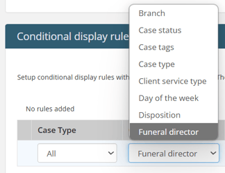 Dropdown showing Funeral Director selected