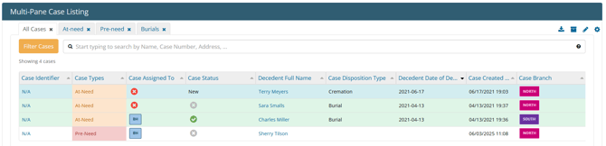 Case Listing with colored rows, cells, labels and icons