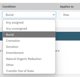 Condition dropdown in rule settings