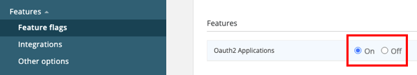 Section of settings to turn on the OAuth2 Applications feature flag