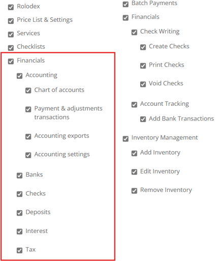 Admin > Financials permissions