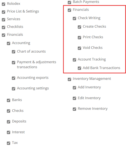 System > Financials permissions