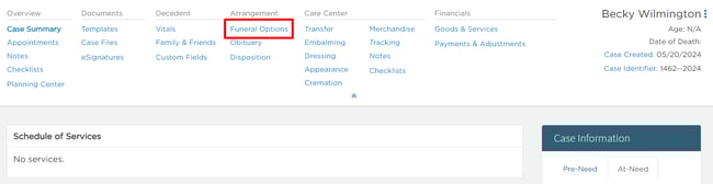 Case navigation showing Funeral Options