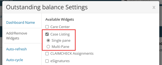 Case Listing, Single Pane, and Multi-Pane settings of modal