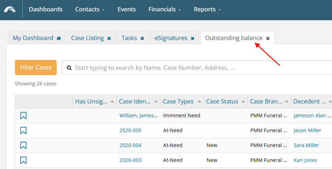 Newly created dashboard tab