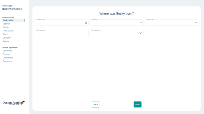 Decedent's life page of Arrangement View labeled "Where was Becky born??"