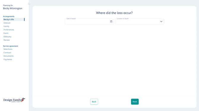 Decedent's life page of Arrangement View labeled "Where did the loss occur?"
