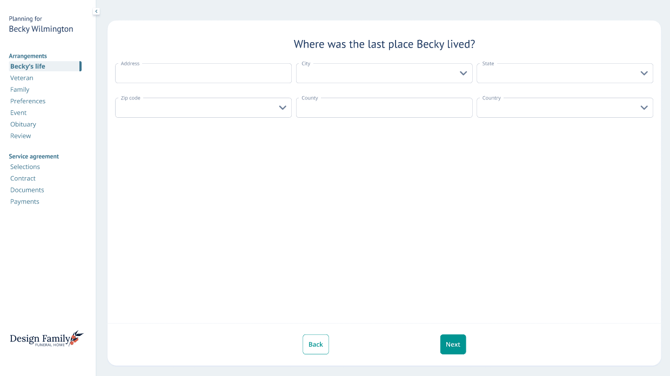 Decedent's life page of Arrangement View labeled "Where was the last place Becky lived?"