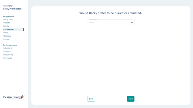 Preferences page of Arrangement View labeled "Would Becky prefer to be buried or cremated?"