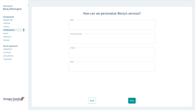 Preferences page of Arrangement View labeled "How can we personalize Becky's services?"