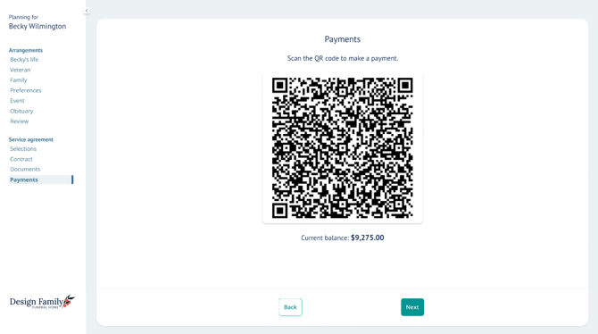 Payments page of Arrangement View showing a QR code and the contract current balance