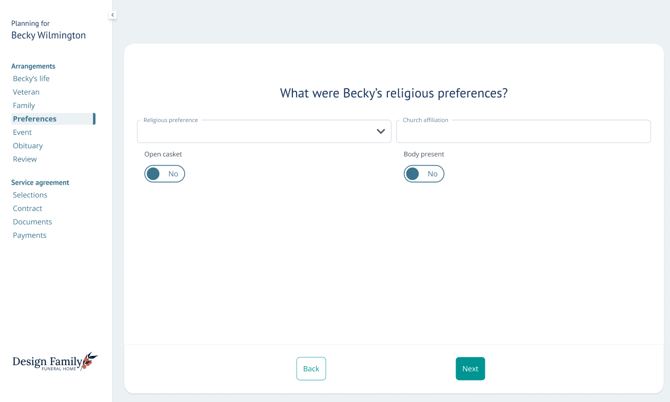 Preferences page of Arrangement View labeled "What were Becky's religious preferences?"