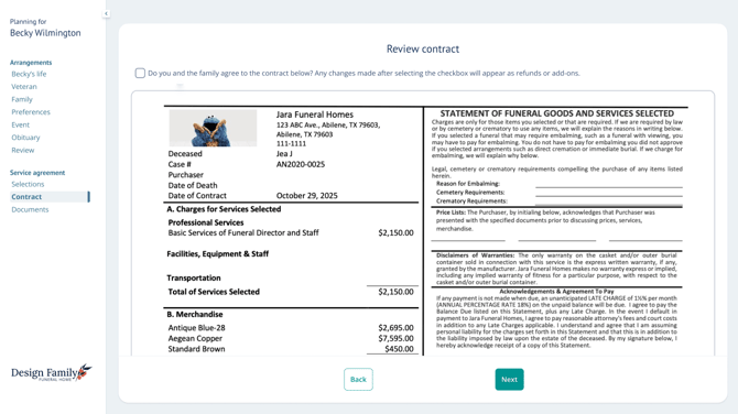 Review contract page of Arrangement View showing a filled out statement of funeral goods & services document