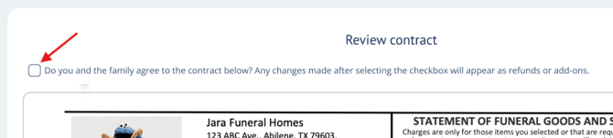 Checkbox at the top of the Review contract page with text "Do you and the family agree to the contract below? Any changes made after selecting the checkbox will appear as refunds or add-ons."