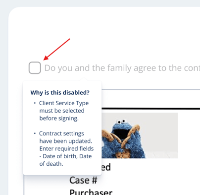 Signing checkbox and text in a disabled state with a tooltip about missing required fields