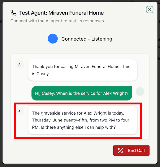Example call transcript with a question being answered for callers