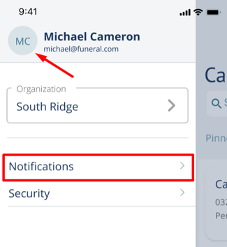 Select profile picture and select Notifications