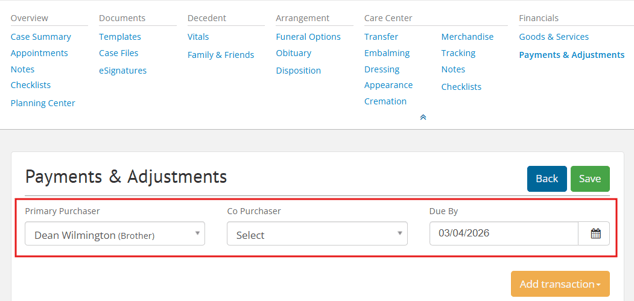 Payments & Adjustments page with Primary Purchaser, Co-Purchaser, and Due By fields