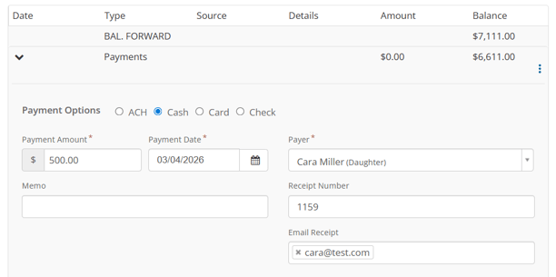 Fields to enter a cash payment
