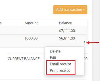 Ellipsis dropdown on a payment entry showing Email receipt and Print receipt options