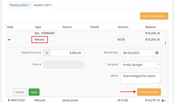 Refund entry on Payments & Adjustments page with an orange Create check button