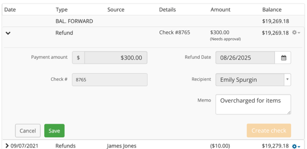 Refund entry with fields and Create check button disabled