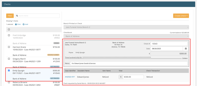 Checks page showing a refund check paid to Emily Spurgin