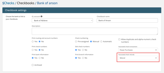 Checkbooks fields with Associated check refunds dropdown highlighted