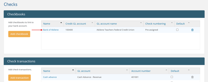 Checks > Checkbooks page with Bank of Abilene listed