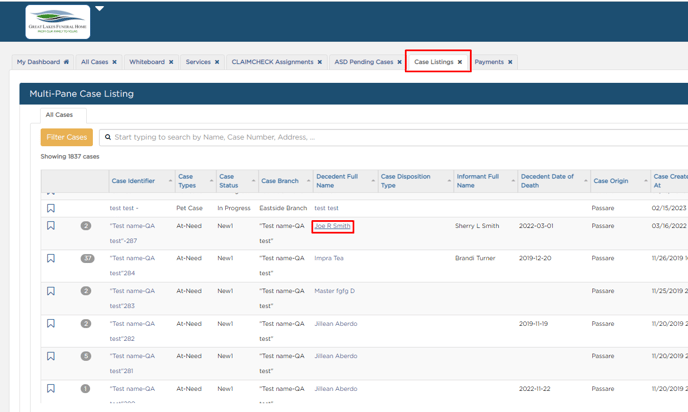 In Dashboard select Case Listing > Select case name