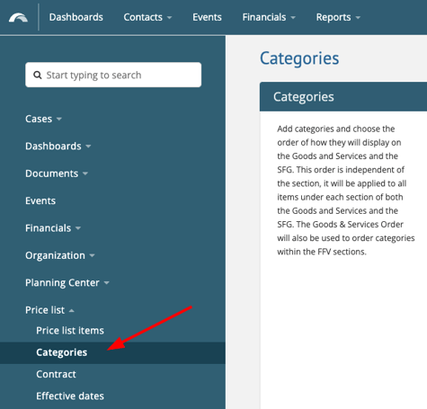 categories section in settings