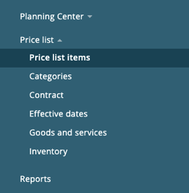 price list items settings