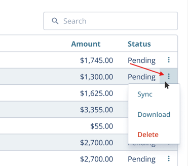 Ellipsis next to a single pending entry showing a dropdown with options to Sync, Download, and Delete