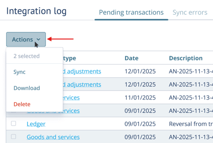 Bulk actions dropdown on Pending transactions page showing a dropdown with Sync, Download, and Delete options