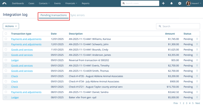 Integration log page showing pending transactions