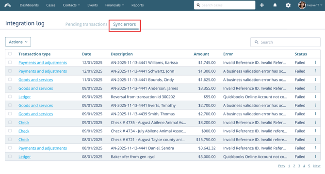 QuickBooks Integration log with Sync errors tab selected