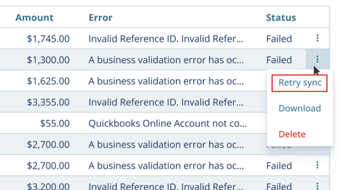 Error entry with ellipsis menu open showing Retry sync option