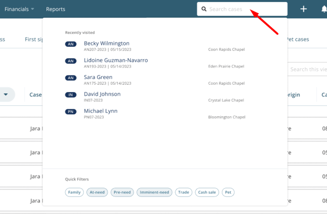 Search bar in navigation showing recent cases