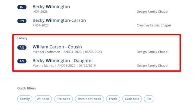 Family section of search results