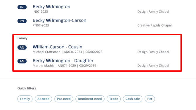Family section of search results