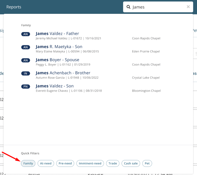 Selected filter to show family members